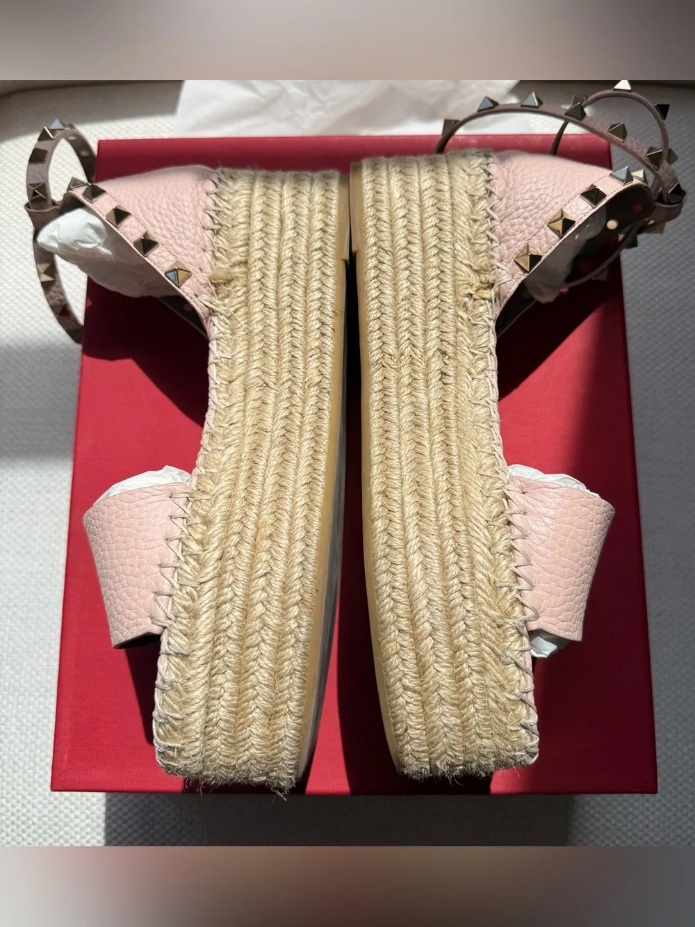 Valentino Garavani Blush Pink Studded Espadrille Platform Sandal